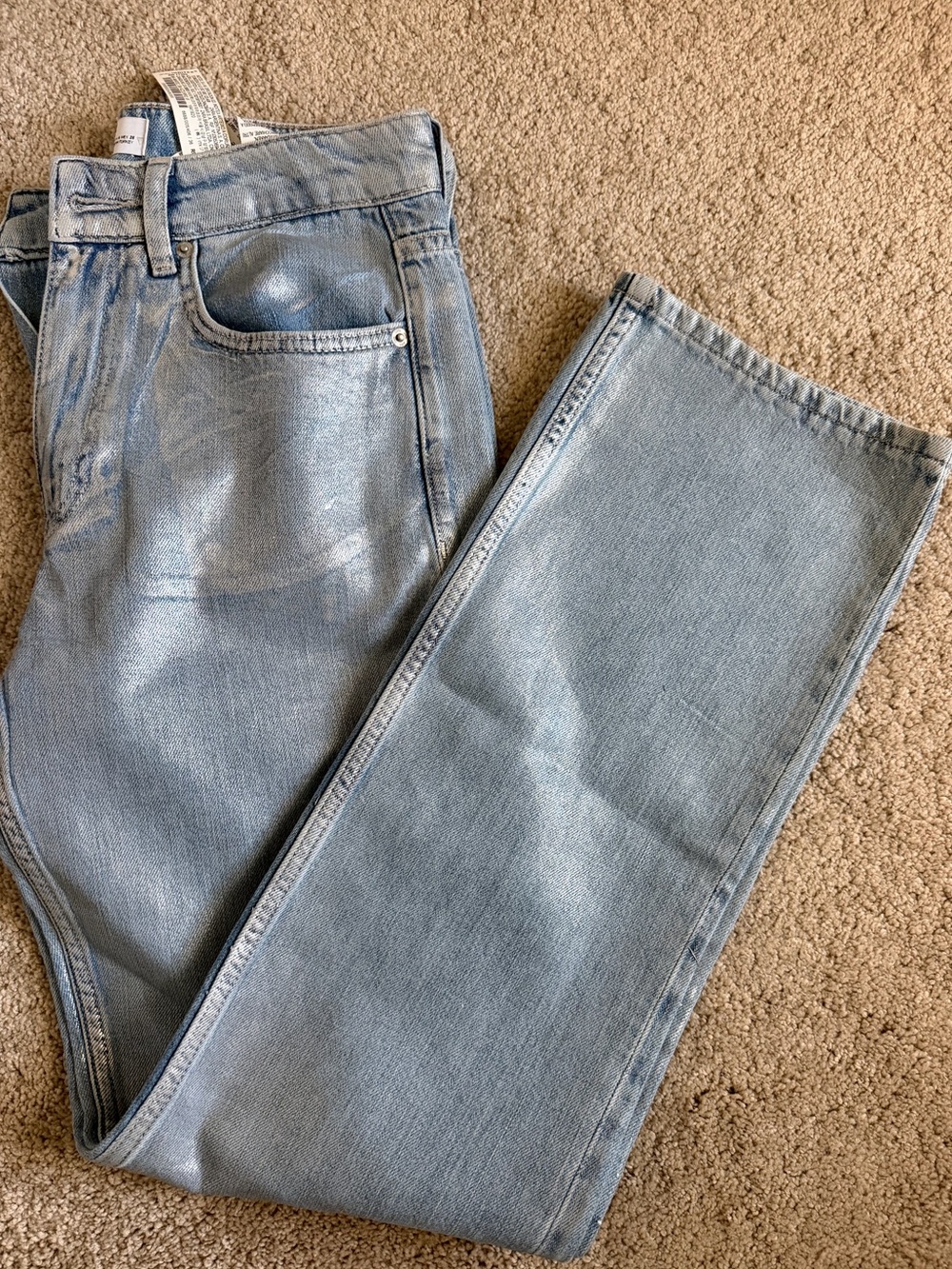 Zara Long Mid Rise Metallic Jeans NWOT US 4/ 27